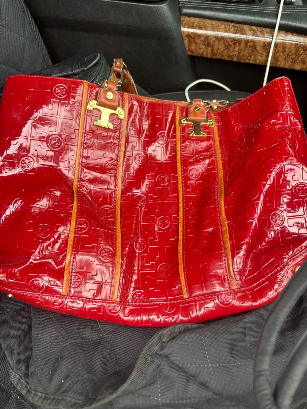 Tory Burch Red Patent Logo-Embossed Tote with Leather Trim